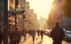 Ein lichtdurchfluteter Blick auf eine belebte deutsche Innenstadt mit modernen Überwachungskameras an Straßenlaternen, in warmen Sonnenstrahlen getaucht, während Menschen entspannt die urbane Atmosphäre genießen und im Hintergrund diskret ein Polizist in ziviler Kleidung aufmerksam die Szene beobachtet – eine harmonische Inszenierung des spannungsgeladenen Dialogs zwischen Sicherheit und Freiheit im digitalen Zeitalter.