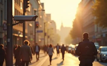 Ein lichtdurchfluteter Blick auf eine belebte deutsche Innenstadt mit modernen Überwachungskameras an Straßenlaternen, in warmen Sonnenstrahlen getaucht, während Menschen entspannt die urbane Atmosphäre genießen und im Hintergrund diskret ein Polizist in ziviler Kleidung aufmerksam die Szene beobachtet – eine harmonische Inszenierung des spannungsgeladenen Dialogs zwischen Sicherheit und Freiheit im digitalen Zeitalter.