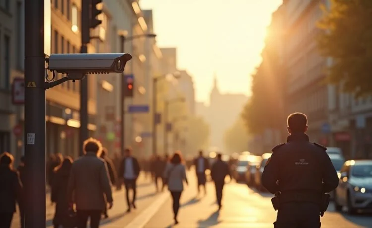Ein lichtdurchfluteter Blick auf eine belebte deutsche Innenstadt mit modernen Überwachungskameras an Straßenlaternen, in warmen Sonnenstrahlen getaucht, während Menschen entspannt die urbane Atmosphäre genießen und im Hintergrund diskret ein Polizist in ziviler Kleidung aufmerksam die Szene beobachtet – eine harmonische Inszenierung des spannungsgeladenen Dialogs zwischen Sicherheit und Freiheit im digitalen Zeitalter.