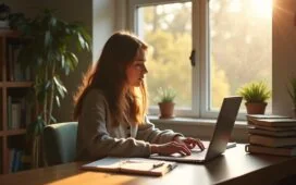 Eine helle, freundliche Büroszene mit einer jungen, nachdenklichen Studentin vor einem Laptop, umgeben von Notizbüchern und warmem Tageslicht, das durch ein großes Fenster fällt und das ethische Dilemma im Spannungsfeld von KI-gestützter Prüfung und akademischer Integrität subtil sichtbar macht.