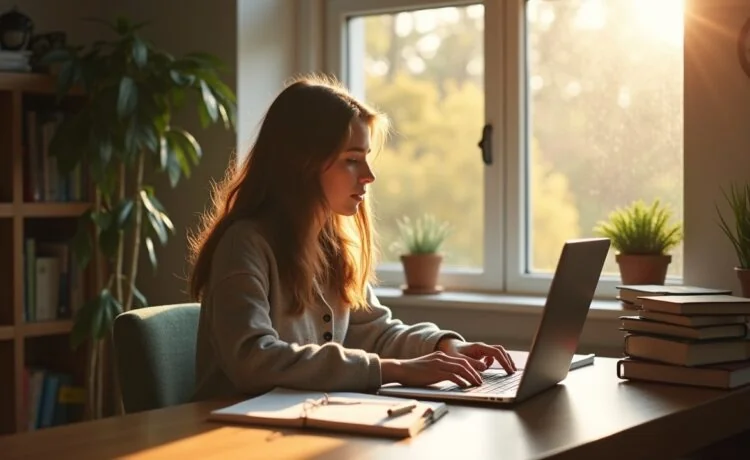 Eine helle, freundliche Büroszene mit einer jungen, nachdenklichen Studentin vor einem Laptop, umgeben von Notizbüchern und warmem Tageslicht, das durch ein großes Fenster fällt und das ethische Dilemma im Spannungsfeld von KI-gestützter Prüfung und akademischer Integrität subtil sichtbar macht.