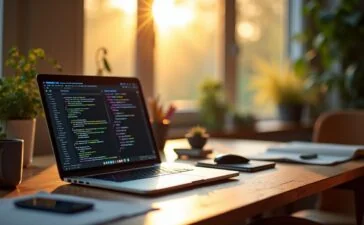Ein stimmungsvoll beleuchteter moderner Arbeitsplatz mit einem Laptop, auf dessen Bildschirm lebendige Codezeilen und Miniatur-Diagramme zu sehen sind, umgeben von lockeren Notizen und farbenfrohen Kaffetassen, während warmes Tageslicht durch ein großes Fenster fällt und eine inspirierende Atmosphäre für Entwickler:innen schafft.