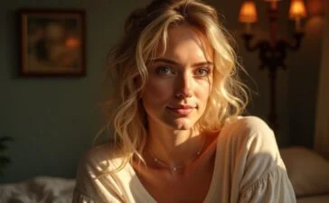 Ein warm beleuchtetes, natürlich wirkendes Porträt einer nachdenklichen Person in einem stilvollen, hellen Raum, umgeben von sanftem Tageslicht und dezenten Erinnerungsstücken, das emotional die sensible Debatte um KI-generierte Bilder Verstorbener und die Rechte der Hinterbliebenen einfängt.