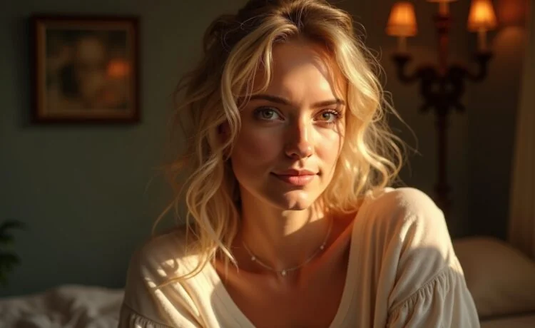 Ein warm beleuchtetes, natürlich wirkendes Porträt einer nachdenklichen Person in einem stilvollen, hellen Raum, umgeben von sanftem Tageslicht und dezenten Erinnerungsstücken, das emotional die sensible Debatte um KI-generierte Bilder Verstorbener und die Rechte der Hinterbliebenen einfängt.