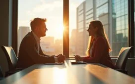 In einem hell erleuchteten, modernen Büro sitzen zwei Fachleute in entspannter, freundlicher Atmosphäre an einem Tisch und tauschen sich lebhaft über innovative Mixed-Reality-Brillen aus, während natürliche Sonnenstrahlen durch große Fenster fließen und ein Gefühl von technologischer Aufbruchsstimmung und vertrauensvoller Zusammenarbeit vermitteln.