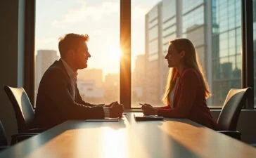 In einem hell erleuchteten, modernen Büro sitzen zwei Fachleute in entspannter, freundlicher Atmosphäre an einem Tisch und tauschen sich lebhaft über innovative Mixed-Reality-Brillen aus, während natürliche Sonnenstrahlen durch große Fenster fließen und ein Gefühl von technologischer Aufbruchsstimmung und vertrauensvoller Zusammenarbeit vermitteln.