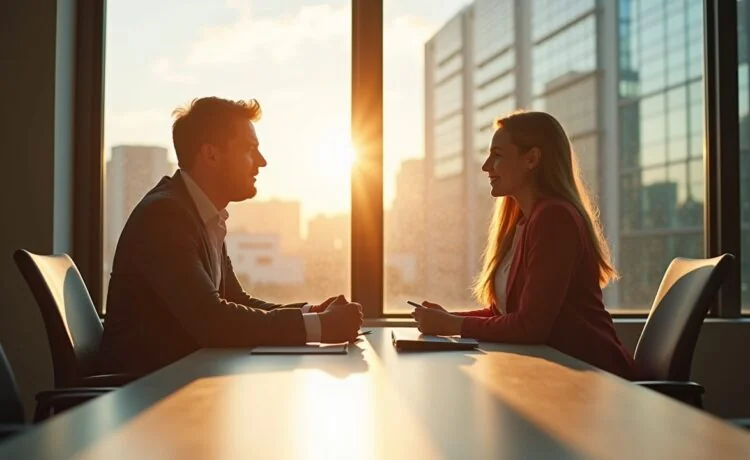In einem hell erleuchteten, modernen Büro sitzen zwei Fachleute in entspannter, freundlicher Atmosphäre an einem Tisch und tauschen sich lebhaft über innovative Mixed-Reality-Brillen aus, während natürliche Sonnenstrahlen durch große Fenster fließen und ein Gefühl von technologischer Aufbruchsstimmung und vertrauensvoller Zusammenarbeit vermitteln.