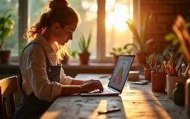 Eine sonnendurchflutete Atelier-Szene, in der eine kreative Person mit laptopgestützter KI-Technologie offen und konzentriert an einem inspirierenden Kunstprojekt arbeitet, umgeben von warmen Holztönen, lebendigen Farben und natürlichen Lichtakzenten, die die harmonische Zusammenarbeit von Mensch und Maschine strahlen lassen.