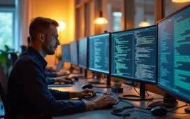 In einem hell erleuchteten, modernen Büro sitzen konzentrierte IT-Profis an mehreren Bildschirmen, die komplexe Codes und Sicherheitsdiagramme anzeigen, während warmes Tageslicht durch große Fenster fällt und eine Atmosphäre von Engagement und Zuversicht schafft.