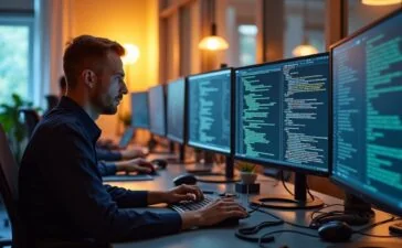 In einem hell erleuchteten, modernen Büro sitzen konzentrierte IT-Profis an mehreren Bildschirmen, die komplexe Codes und Sicherheitsdiagramme anzeigen, während warmes Tageslicht durch große Fenster fällt und eine Atmosphäre von Engagement und Zuversicht schafft.