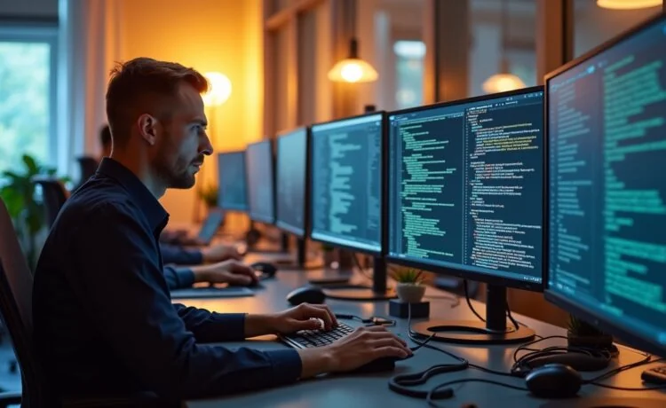 In einem hell erleuchteten, modernen Büro sitzen konzentrierte IT-Profis an mehreren Bildschirmen, die komplexe Codes und Sicherheitsdiagramme anzeigen, während warmes Tageslicht durch große Fenster fällt und eine Atmosphäre von Engagement und Zuversicht schafft.