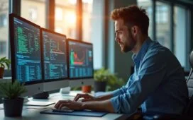 Ein modernes, helles Büro mit natürlichen Lichtstrahlen durch große Fenster, in dem ein fokussierter IT-Sicherheitsadministrator am Computer konzentriert arbeitet, umgeben von mehreren Bildschirmen mit komplexen Daten und Netzwerkübersichten, während die warme Atmosphäre Vertrauen und handlungsbereite Professionalität ausstrahlt.