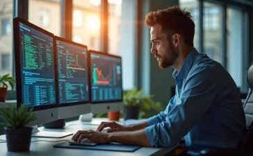 Ein modernes, helles Büro mit natürlichen Lichtstrahlen durch große Fenster, in dem ein fokussierter IT-Sicherheitsadministrator am Computer konzentriert arbeitet, umgeben von mehreren Bildschirmen mit komplexen Daten und Netzwerkübersichten, während die warme Atmosphäre Vertrauen und handlungsbereite Professionalität ausstrahlt.