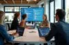 Ein helles, freundliches Büro mit natürlichem Tageslicht, in dem ein engagiertes Team aus IT- und Data-Science-Expertinnen und -Experten gemeinsam strategisch vor einem großen Bildschirm die Umsetzung komplexer Kubernetes- und KI-Infrastrukturen plant, umgeben von moderner Technik und einem klar strukturierten, inspirierenden Arbeitsumfeld.