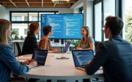 Ein helles, freundliches Büro mit natürlichem Tageslicht, in dem ein engagiertes Team aus IT- und Data-Science-Expertinnen und -Experten gemeinsam strategisch vor einem großen Bildschirm die Umsetzung komplexer Kubernetes- und KI-Infrastrukturen plant, umgeben von moderner Technik und einem klar strukturierten, inspirierenden Arbeitsumfeld.