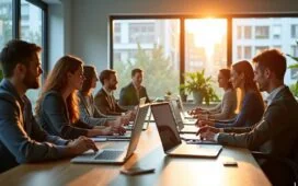 Ein lichtdurchflutetes, modernes Büro mit einem motivierten kleinen Team europäischer IT-Experten, die konzentriert an Laptops und Tablets arbeiten, umgeben von dezenten technischen Geräten und Pflanzen, vermittelt eine warme, kooperative Atmosphäre digitaler Innovation und europäischer Zusammenarbeit für eine offene Cloud-Zukunft.