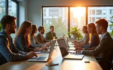 Ein lichtdurchflutetes, modernes Büro mit einem motivierten kleinen Team europäischer IT-Experten, die konzentriert an Laptops und Tablets arbeiten, umgeben von dezenten technischen Geräten und Pflanzen, vermittelt eine warme, kooperative Atmosphäre digitaler Innovation und europäischer Zusammenarbeit für eine offene Cloud-Zukunft.