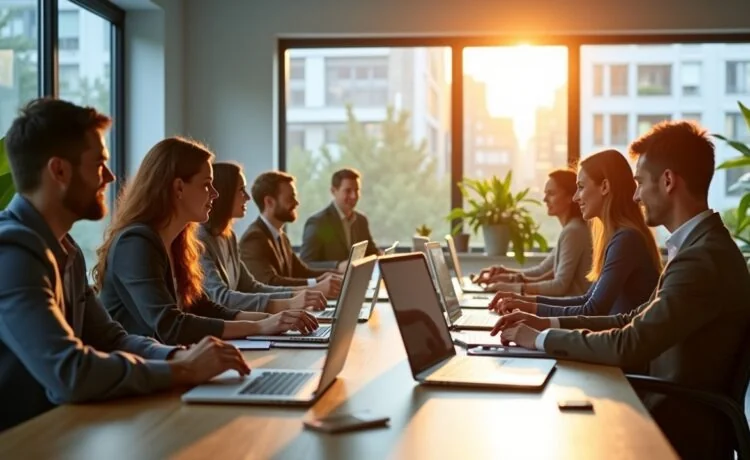 Ein lichtdurchflutetes, modernes Büro mit einem motivierten kleinen Team europäischer IT-Experten, die konzentriert an Laptops und Tablets arbeiten, umgeben von dezenten technischen Geräten und Pflanzen, vermittelt eine warme, kooperative Atmosphäre digitaler Innovation und europäischer Zusammenarbeit für eine offene Cloud-Zukunft.