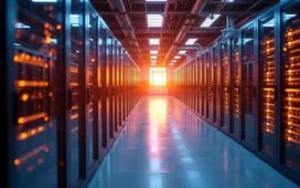 Ein lichtdurchfluteter, moderner Serverraum mit reflektierenden Flüssigkeitskühlkreisläufen an glänzenden Hightech-Komponenten, in warmen, natürlichen Farbtönen gehalten und von einem freundlichen, energiereichen Ambiente erfüllt, das die Zukunft nachhaltiger Rechenzentrumstechnologien eindrucksvoll visualisiert.