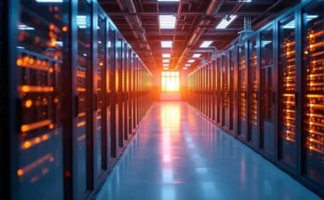 Ein lichtdurchfluteter, moderner Serverraum mit reflektierenden Flüssigkeitskühlkreisläufen an glänzenden Hightech-Komponenten, in warmen, natürlichen Farbtönen gehalten und von einem freundlichen, energiereichen Ambiente erfüllt, das die Zukunft nachhaltiger Rechenzentrumstechnologien eindrucksvoll visualisiert.