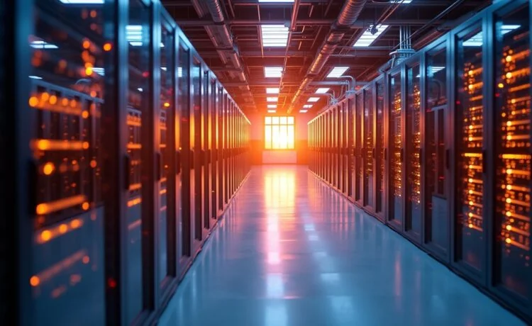 Ein lichtdurchfluteter, moderner Serverraum mit reflektierenden Flüssigkeitskühlkreisläufen an glänzenden Hightech-Komponenten, in warmen, natürlichen Farbtönen gehalten und von einem freundlichen, energiereichen Ambiente erfüllt, das die Zukunft nachhaltiger Rechenzentrumstechnologien eindrucksvoll visualisiert.