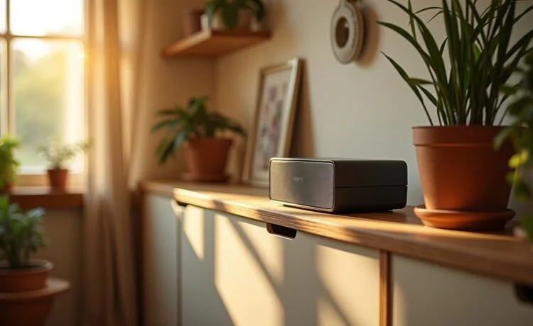 Ein heller, wohnlich gestalteter Raum, in dem eine moderne Bose SoundTouch-Lautsprecherbox sanft auf einem Regal neben frischen Pflanzen und gemütlicher Dekoration steht, während warmes Tageslicht sanft durch ein Fenster fällt und eine Atmosphäre von vertrauter Technik und stiller Melancholie schafft.