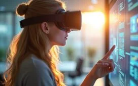 Eine strahlend helle, lebendige Aufnahme zeigt eine junge Person in moderner Arbeitsumgebung, die mit einem eleganten Mixed-Reality-Headset vertraut und konzentriert eine interaktive, holografische Benutzeroberfläche steuert, während warmes Tageslicht sanft durch große Fenster fällt und eine Atmosphäre von Zukunftsoptimismus, technologischem Fortschritt und menschlicher Verbundenheit schafft.