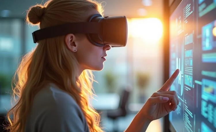 Eine strahlend helle, lebendige Aufnahme zeigt eine junge Person in moderner Arbeitsumgebung, die mit einem eleganten Mixed-Reality-Headset vertraut und konzentriert eine interaktive, holografische Benutzeroberfläche steuert, während warmes Tageslicht sanft durch große Fenster fällt und eine Atmosphäre von Zukunftsoptimismus, technologischem Fortschritt und menschlicher Verbundenheit schafft.