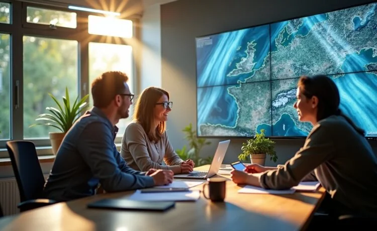 Ein strahlendes, natürlich beleuchtetes Büro mit freundlichen Forschern und Stadtplanern, die lebhaft an großen Bildschirmen mit detailreichen Satellitenbildern und dynamischen Datenvisualisierungen arbeiten, umweltbewusst und hoffnungsvoll in einem modernes, lichtdurchflutetes Ambiente.