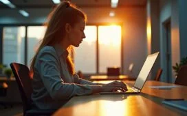 Ein hell erleuchteter, moderner Arbeitsplatz mit warmem Tageslicht, an dem eine entspannte Person konzentriert an einem Laptop arbeitet, während im Hintergrund dezente Elemente für Cybersicherheit und digitale Vernetzung eine Atmosphäre von Vertrauen und modernem Datenschutz vermitteln.