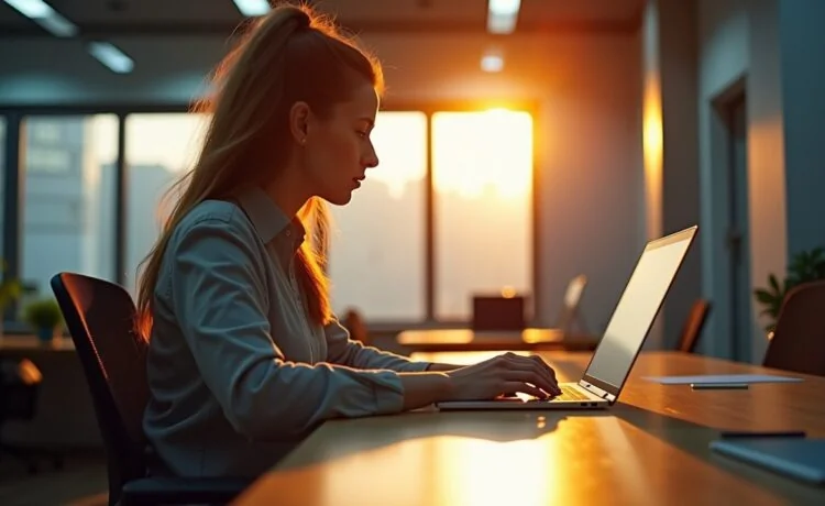 Ein hell erleuchteter, moderner Arbeitsplatz mit warmem Tageslicht, an dem eine entspannte Person konzentriert an einem Laptop arbeitet, während im Hintergrund dezente Elemente für Cybersicherheit und digitale Vernetzung eine Atmosphäre von Vertrauen und modernem Datenschutz vermitteln.