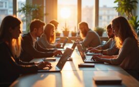 In einem hell erleuchteten, modern eingerichteten Büro diskutieren diverse Fachleute mit konzentrierten und zugleich empathischen Blicken lebhaft über komplexe Algorithmen auf ihren Laptops, während sanftes Tageslicht warm durch große Fenster fällt und eine Atmosphäre von verantwortungsvoller Zusammenarbeit und ethischer Reflexion schafft.