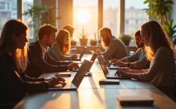 In einem hell erleuchteten, modern eingerichteten Büro diskutieren diverse Fachleute mit konzentrierten und zugleich empathischen Blicken lebhaft über komplexe Algorithmen auf ihren Laptops, während sanftes Tageslicht warm durch große Fenster fällt und eine Atmosphäre von verantwortungsvoller Zusammenarbeit und ethischer Reflexion schafft.