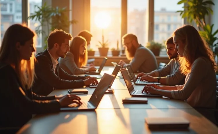 In einem hell erleuchteten, modern eingerichteten Büro diskutieren diverse Fachleute mit konzentrierten und zugleich empathischen Blicken lebhaft über komplexe Algorithmen auf ihren Laptops, während sanftes Tageslicht warm durch große Fenster fällt und eine Atmosphäre von verantwortungsvoller Zusammenarbeit und ethischer Reflexion schafft.