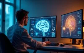 In einem hell erleuchteten Labor sitzt ein Forscherteam in konzentrierter Zusammenarbeit vor modernen Bildschirmen, die komplexe neuronale Netzwerke und Gehirnkarten mit warmem Tageslicht durchfluten, das eine Atmosphäre von Innovation, Hoffnung und menschlicher Neugier schafft.