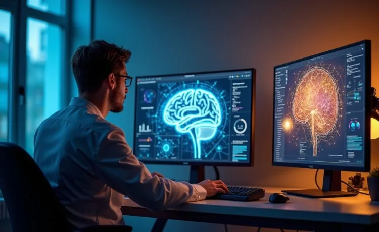 In einem hell erleuchteten Labor sitzt ein Forscherteam in konzentrierter Zusammenarbeit vor modernen Bildschirmen, die komplexe neuronale Netzwerke und Gehirnkarten mit warmem Tageslicht durchfluten, das eine Atmosphäre von Innovation, Hoffnung und menschlicher Neugier schafft.