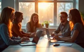 In einem hell erleuchteten, modernen Büro werfen sich Entwicklerinnen und Entwickler in freundlicher Atmosphäre mit konzentrierten, aber entspannten Blicken um einen Tisch mit Laptops und Notizen, während warme Sonnenstrahlen durch große Fenster auf die detailreich ausgestattete Techniklandschaft fallen und die strategische Zusammenarbeit bei der Auswahl nachhaltiger Software-Frameworks lebendig widerspiegeln.