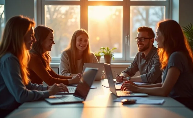 In einem hell erleuchteten, modernen Büro werfen sich Entwicklerinnen und Entwickler in freundlicher Atmosphäre mit konzentrierten, aber entspannten Blicken um einen Tisch mit Laptops und Notizen, während warme Sonnenstrahlen durch große Fenster auf die detailreich ausgestattete Techniklandschaft fallen und die strategische Zusammenarbeit bei der Auswahl nachhaltiger Software-Frameworks lebendig widerspiegeln.