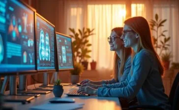 Ein hell erleuchtetes, modernes Büro mit zwei Kolleg:innen unterschiedlichen Alters in freundlichem Austausch vor großen Bildschirmen, die neuralvernetzte Grafiken zeigen, während warmes Tageslicht sanft durch helle Fenster fällt und eine Atmosphäre von Neugier, Zusammenarbeit und zukunftsweisendem Lernen schafft.