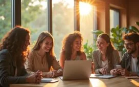 Ein sonnendurchflutetes, modernes Büro mit Menschen unterschiedlicher Herkunft, die entspannt lächelnd an digitalen Geräten und Tablets arbeiten, umgeben von Pflanzen und warmem Holz, während durch großflächige Fenster sanftes Tageslicht auf inspirierende Szenen von Vernetzung, Innovation und gesundheitsbewusstem Lifestyle fällt.