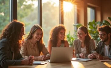 Ein sonnendurchflutetes, modernes Büro mit Menschen unterschiedlicher Herkunft, die entspannt lächelnd an digitalen Geräten und Tablets arbeiten, umgeben von Pflanzen und warmem Holz, während durch großflächige Fenster sanftes Tageslicht auf inspirierende Szenen von Vernetzung, Innovation und gesundheitsbewusstem Lifestyle fällt.