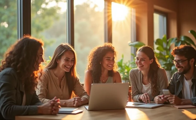 Ein sonnendurchflutetes, modernes Büro mit Menschen unterschiedlicher Herkunft, die entspannt lächelnd an digitalen Geräten und Tablets arbeiten, umgeben von Pflanzen und warmem Holz, während durch großflächige Fenster sanftes Tageslicht auf inspirierende Szenen von Vernetzung, Innovation und gesundheitsbewusstem Lifestyle fällt.