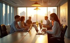 In einem hell erleuchteten, modern gestalteten Büro mit großen Fenstern arbeiten diverse junge Menschen lächelnd an Laptops und Tablets, während durch warmes Tageslicht auf subtile Weise die Verbindung zwischen realer und virtueller Welt spürbar wird – Sinnbild für die harmonische Zukunft von KI-gestützter Produktivität im Metaverse.