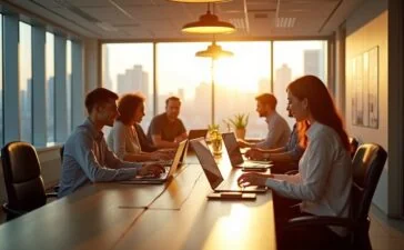 In einem hell erleuchteten, modern gestalteten Büro mit großen Fenstern arbeiten diverse junge Menschen lächelnd an Laptops und Tablets, während durch warmes Tageslicht auf subtile Weise die Verbindung zwischen realer und virtueller Welt spürbar wird – Sinnbild für die harmonische Zukunft von KI-gestützter Produktivität im Metaverse.