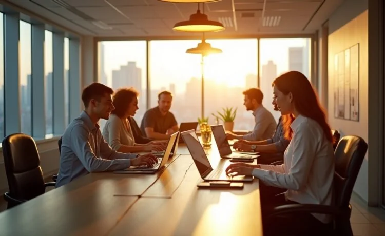 In einem hell erleuchteten, modern gestalteten Büro mit großen Fenstern arbeiten diverse junge Menschen lächelnd an Laptops und Tablets, während durch warmes Tageslicht auf subtile Weise die Verbindung zwischen realer und virtueller Welt spürbar wird – Sinnbild für die harmonische Zukunft von KI-gestützter Produktivität im Metaverse.