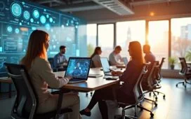 Ein modernes, lichtdurchflutetes Büro mit motivierten Menschen, die in einem offenen, freundlichen Workspace entspannt zusammenarbeiten, während dezent futuristische Bildschirmoberflächen und holografische Projekte im warmen Tageslicht die Vision einer KI-gestützten Metaverse-Arbeitswelt lebendig werden lassen.