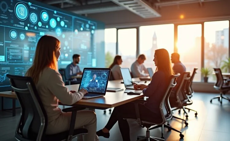 Ein modernes, lichtdurchflutetes Büro mit motivierten Menschen, die in einem offenen, freundlichen Workspace entspannt zusammenarbeiten, während dezent futuristische Bildschirmoberflächen und holografische Projekte im warmen Tageslicht die Vision einer KI-gestützten Metaverse-Arbeitswelt lebendig werden lassen.