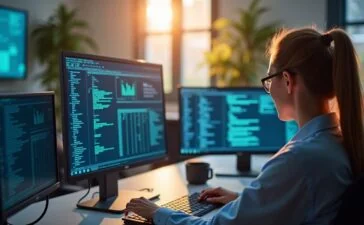 Ein strahlend helles, editorial inszeniertes Büro mit modernen IT-Experten in konzentrierter, aber freundlicher Atmosphäre vor mehreren Bildschirmen, die Netzwerksicherheit überwachen, warmes natürliches Licht füllt den Raum und vermittelt Vertrauen sowie die Dringlichkeit digitaler Schutzmaßnahmen.