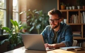 Ein heller, einladender Arbeitsplatz mit einem lächelnden Entwickler, der fokussiert am Laptop modernen C++-Code schreibt, umgeben von natürlichem Tageslicht und sanften Holzakzenten, die eine warme, produktive Atmosphäre für anspruchsvolle asynchrone Programmierung mit Boost.Asio schaffen.