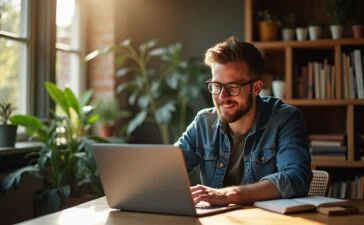 Ein heller, einladender Arbeitsplatz mit einem lächelnden Entwickler, der fokussiert am Laptop modernen C++-Code schreibt, umgeben von natürlichem Tageslicht und sanften Holzakzenten, die eine warme, produktive Atmosphäre für anspruchsvolle asynchrone Programmierung mit Boost.Asio schaffen.